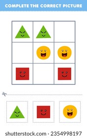 Education game for children complete the correct picture of a cute cartoon triangle square and circle printable shape worksheet