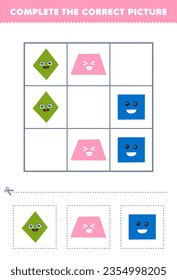 Education game for children complete the correct picture of a cute cartoon rhombus trapezoid and square printable shape worksheet