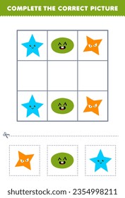 El juego de educación para niños completa la imagen correcta de una bonita estrella de dibujos animados y una hoja de cálculo de forma ovalada imprimible