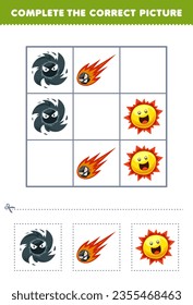 Education game for children complete the correct picture of a cute cartoon black hole comet and sun printable solar system worksheet