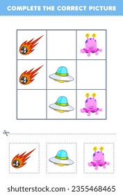 Education game for children complete the correct picture of a cute cartoon comet ufo and alien printable solar system worksheet