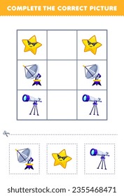 Education game for children complete the correct picture of a cute cartoon radar star and telescope printable solar system worksheet