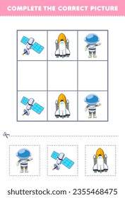 Education game for children complete the correct picture of a cute cartoon astronaut satellite and spaceship printable solar system worksheet