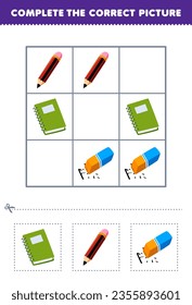 El juego de educación para niños completa la imagen correcta de un lápiz portátil lindo de dibujos animados y una hoja de trabajo de herramientas imprimible de borrador