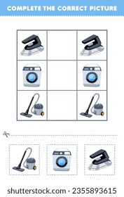 El juego de la educación para los niños completa la imagen correcta de una bonita máquina de aspiradora de dibujos animados y una hoja de trabajo de herramienta imprimible de hierro