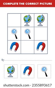 Education game for children complete the correct picture of a cute cartoon globe magnet and magnifier printable tool worksheet