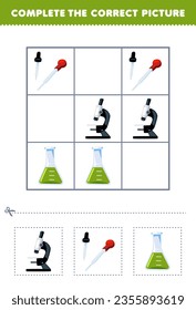 Education game for children complete the correct picture of a cute cartoon microscope dropper and flask printable tool worksheet