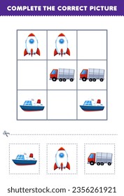 Education game for children complete the correct picture cute cartoon ocean liner rocket   truck printable transportation worksheet