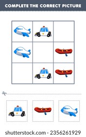 Education game for children complete the correct picture cute cartoon police car inflatable boat   plane printable transportation worksheet