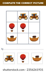 Education game for children complete the correct picture cute cartoon carriage balloon   ark printable transportation worksheet
