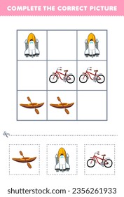 Education game for children complete the correct picture cute cartoon kayak spaceship   bicycle printable transportation worksheet