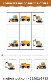 Education game for children complete the correct picture cute cartoon excavator dump truck   bulldozer printable transportation worksheet