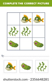 Juego de educación para niños completa la imagen correcta de un lindo dibujo animado piranha pepino y algas imprimibles bajo el agua hoja de cálculo