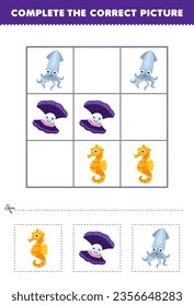 Education game for children complete the correct picture of a cute cartoon seahorse shell and squid printable underwater worksheet
