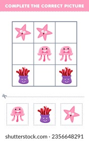Erziehungsspiel für Kinder komplettieren das korrekte Bild eines süßen Cartoon-Quallen-Anemone und eines Seesterfisch-bedruckbaren Unterwasser-Arbeitsblatt
