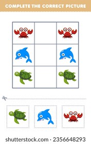 Education game for children complete the correct picture of a cute cartoon turtle dolphin and crab printable underwater worksheet