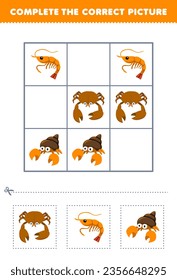 Education game for children complete the correct picture of a cute cartoon crab shrimp and hermit crab printable underwater worksheet
