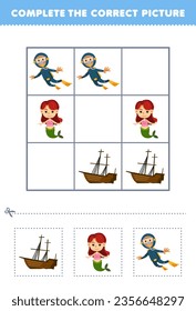 Juego de educación para niños completa la imagen correcta de una sirena de un barco naufragado lindo y una hoja de trabajo submarina imprimible para buzos