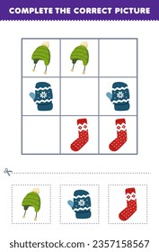 Education game for children complete the correct picture of a cute cartoon beanie hat mitten and sock printable winter worksheet