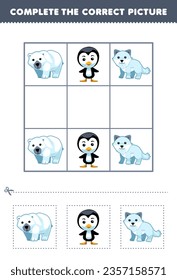 Education game for children complete the correct picture of a cute cartoon polar bear penguin and arctic fox printable winter worksheet