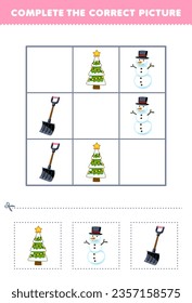 Education game for children complete the correct picture of a cute cartoon christmas tree snowman and snow shovel printable winter worksheet
