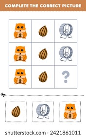 Education game for children complete the correct picture of a cute hamster printable pet worksheet