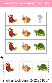 Juego educativo para niños completa la imagen correcta de una hoja de cálculo de un conejo de aves o una tortuga