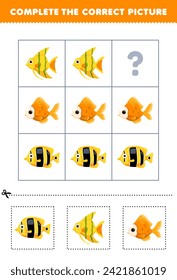 Education game for children complete the correct picture of a cute fish printable pet worksheet