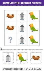 Education game for children complete the correct picture of a cute cage bird or nest pet worksheet