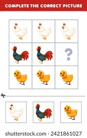 Education game for children complete the correct picture of a cute chicken printable pet worksheet