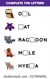 Education game for children complete the letters from cute nocturnal animal name printable worksheet