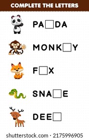 Education game for children complete the letters from cute jungle animal name printable worksheet