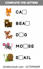 Education game for children complete the letters from cute animal name cat bear dog mouse snail printable worksheet