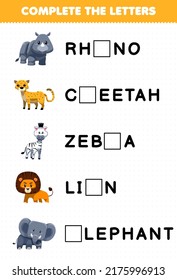 Education game for children complete the letters from cute savanna animal name printable worksheet