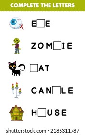 Education game for children complete the letters from cute cartoon eye zombie cat candle house halloween printable worksheet