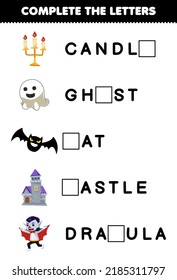 Education game for children complete the letters from cute cartoon candle ghost bat castle dracula halloween printable worksheet