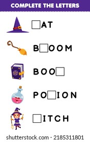 Education game for children complete the letters from cute cartoon hat broom book potion witch halloween printable worksheet