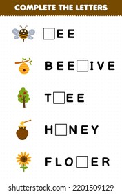 Education game for children complete the letters from cute cartoon bee beehive tree honey flower printable farm worksheet
