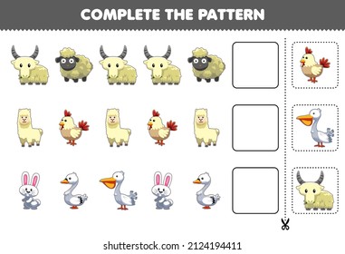 Education game for children complete the pattern logical thinking find the regularity and continue the row task with cute white animal character