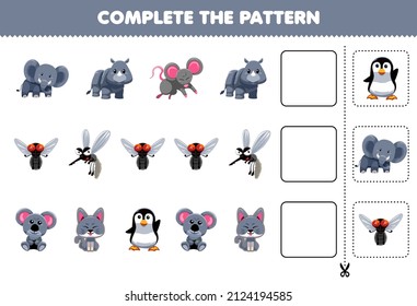 Education game for children complete the pattern logical thinking find the regularity and continue the row task with cute grey animal character