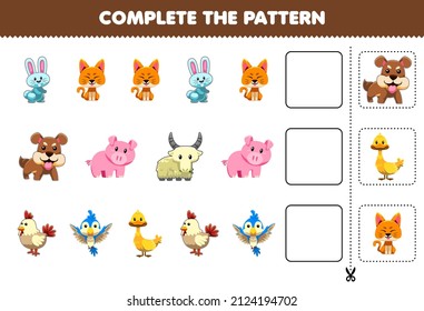 Education game for children complete the pattern logical thinking find the regularity and continue the row task with cute pet farm animal character