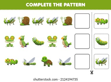 Juego educativo para niños completar el patrón pensamiento lógico encontrar la regularidad y continuar la tarea de fila con un lindo personaje animal verde