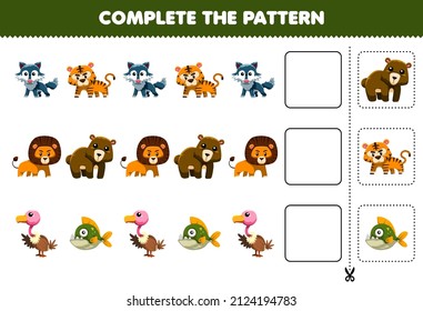 Education game for children complete the pattern logical thinking find the regularity and continue the row task with cute carnivore animal character