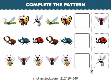 Education game for children complete the pattern logical thinking find the regularity and continue the row task with cute bug character