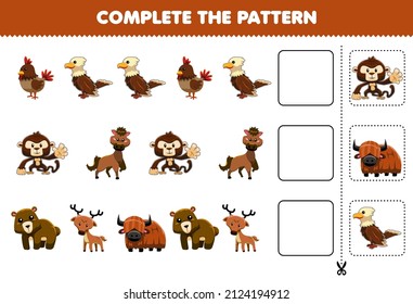 El juego de educación para niños completa el pensamiento lógico del patrón encontrar la regularidad y continuar la tarea de la fila con un lindo personaje de animal marrón