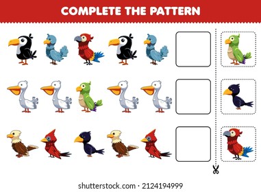 Education game for children complete the pattern logical thinking find the regularity and continue the row task with cute bird character