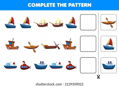 Education game for children complete the pattern logical thinking find the regularity and continue the row task with water transportation