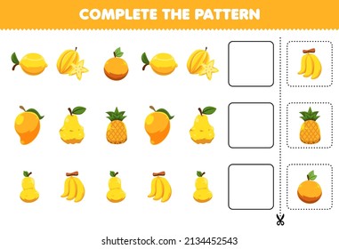 Erziehungsspiel für Kinder vervollständigen das Muster logisches Denken finden die Regelmäßigkeit und Fortsetzung der Reihe Aufgabe mit Cartoon-gelbe Früchte