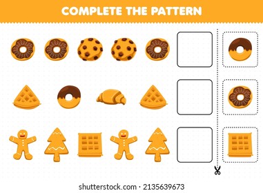 Juego de educación para niños completar el patrón pensamiento lógico encontrar la regularidad y continuar la tarea de la fila con comida y bocadillo donut waffle galleta cruasán jingerbread