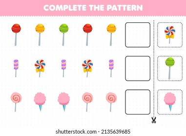 Juego educativo para niños completar el patrón pensamiento lógico encontrar la regularidad y continuar la tarea de fila con dulces